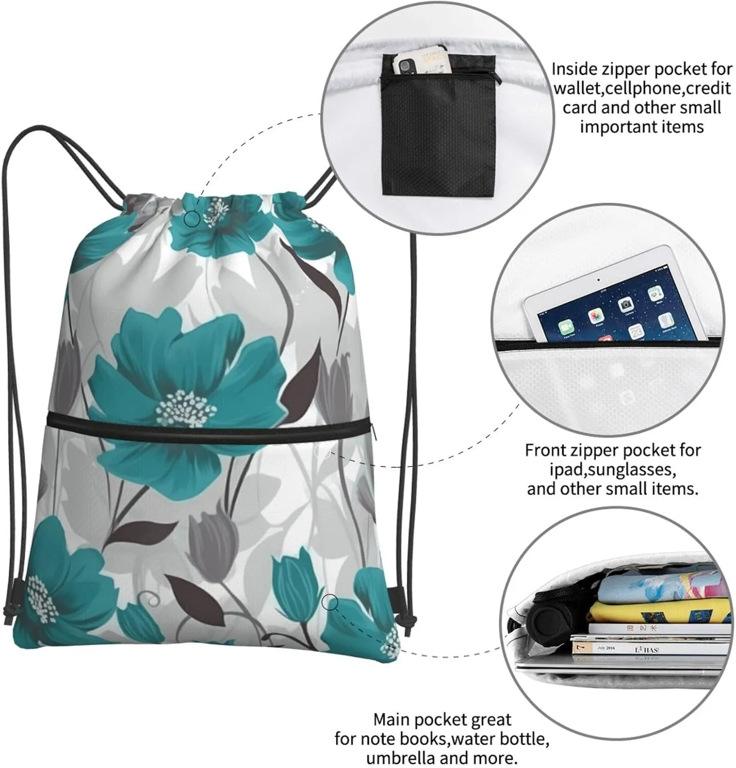 Drawstring Backpack Sports Gym Bags Teal Grey and White Floral Drawstring Bags for Men Women Beach Bag String Bag