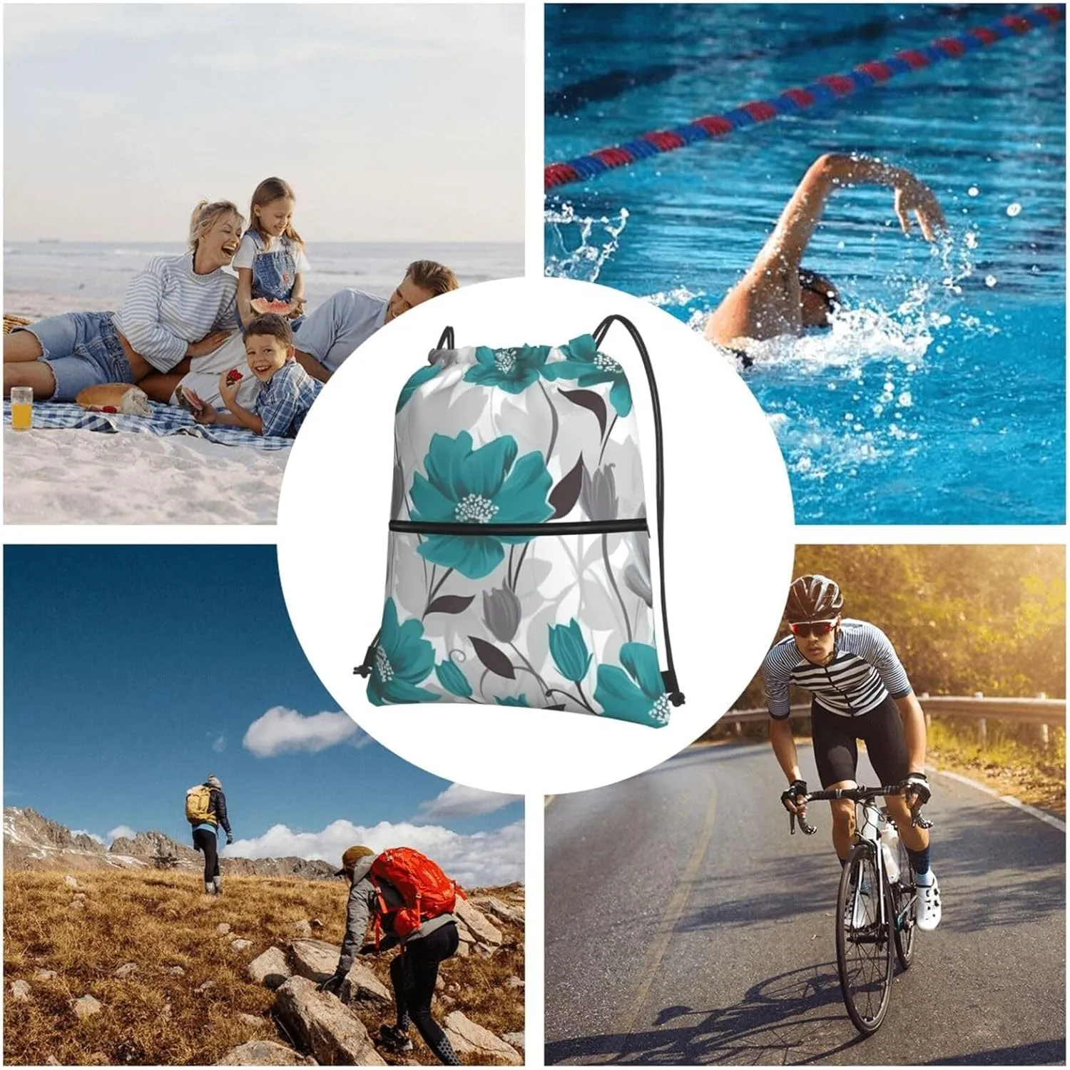 Drawstring Backpack Sports Gym Bags Teal Grey and White Floral Drawstring Bags for Men Women Beach Bag String Bag