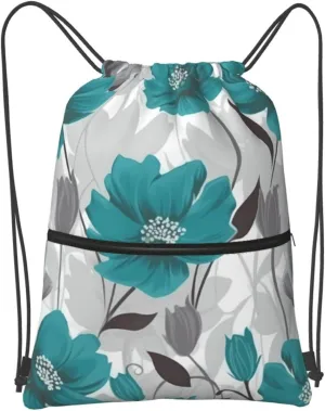 Drawstring Backpack Sports Gym Bags Teal Grey and White Floral Drawstring Bags for Men Women Beach Bag String Bag