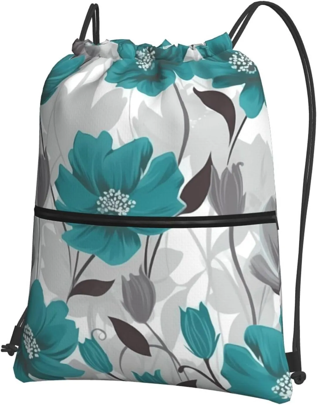 Drawstring Backpack Sports Gym Bags Teal Grey and White Floral Drawstring Bags for Men Women Beach Bag String Bag
