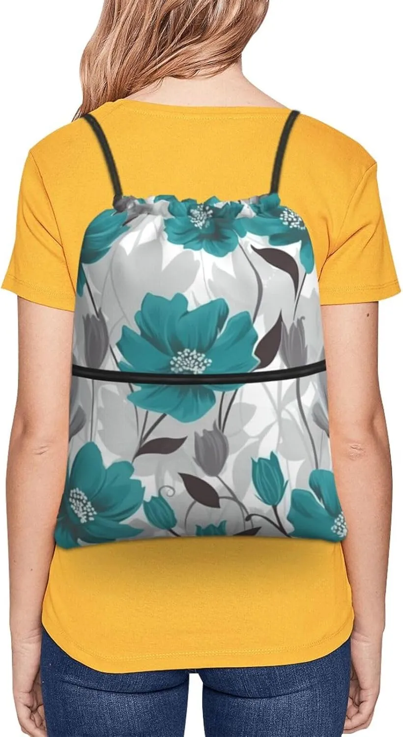 Drawstring Backpack Sports Gym Bags Teal Grey and White Floral Drawstring Bags for Men Women Beach Bag String Bag