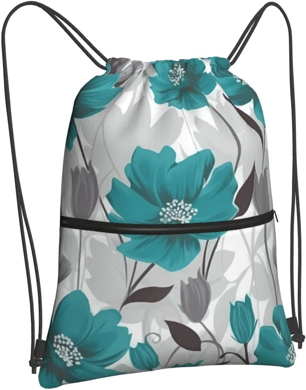 Drawstring Backpack Sports Gym Bags Teal Grey and White Floral Drawstring Bags for Men Women Beach Bag String Bag