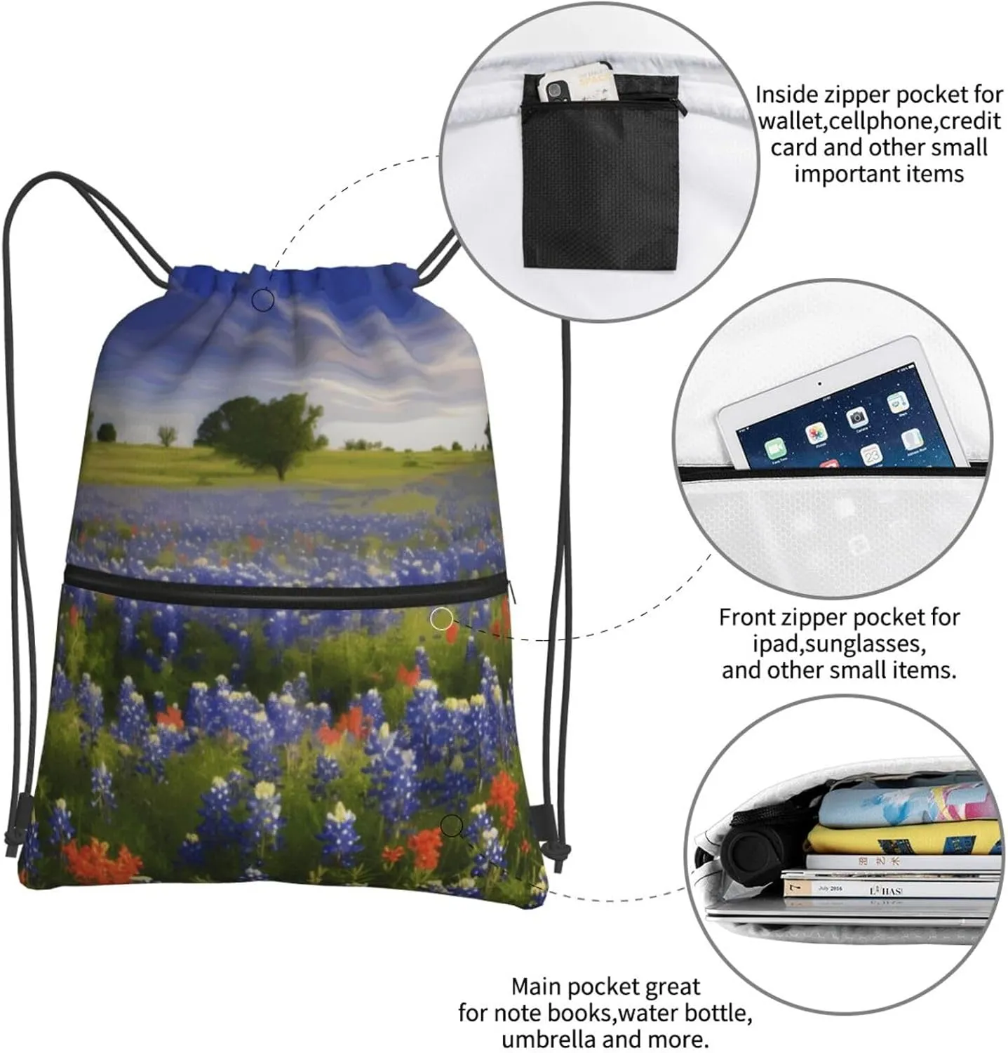 Drawstring Backpack Sports Gym Bags Texas Bluebonnets Scenery Drawstring Bags for Men Women Beach Bag String Bag