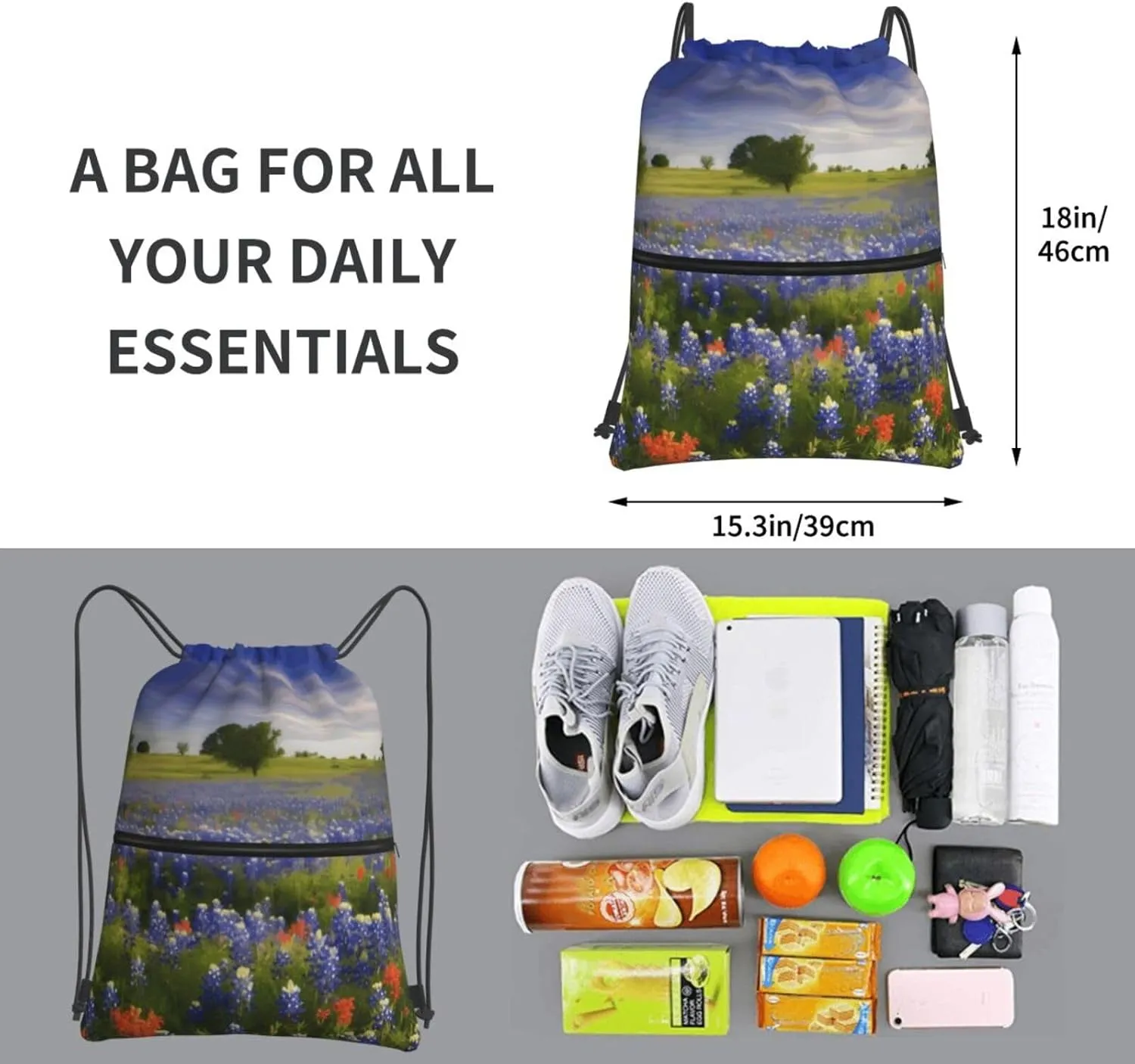 Drawstring Backpack Sports Gym Bags Texas Bluebonnets Scenery Drawstring Bags for Men Women Beach Bag String Bag