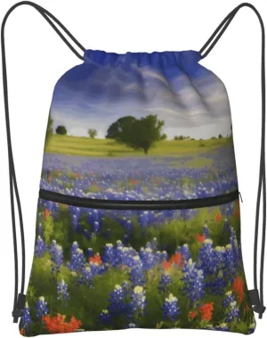 Drawstring Backpack Sports Gym Bags Texas Bluebonnets Scenery Drawstring Bags for Men Women Beach Bag String Bag