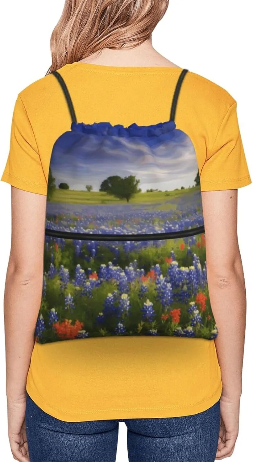 Drawstring Backpack Sports Gym Bags Texas Bluebonnets Scenery Drawstring Bags for Men Women Beach Bag String Bag