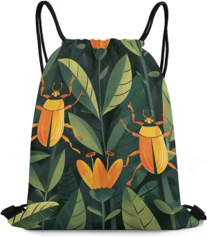 Drawstring Backpack Sports Gym Sackpack for Men Gold Beetle Pattern Draw String Bag for Travel Beach