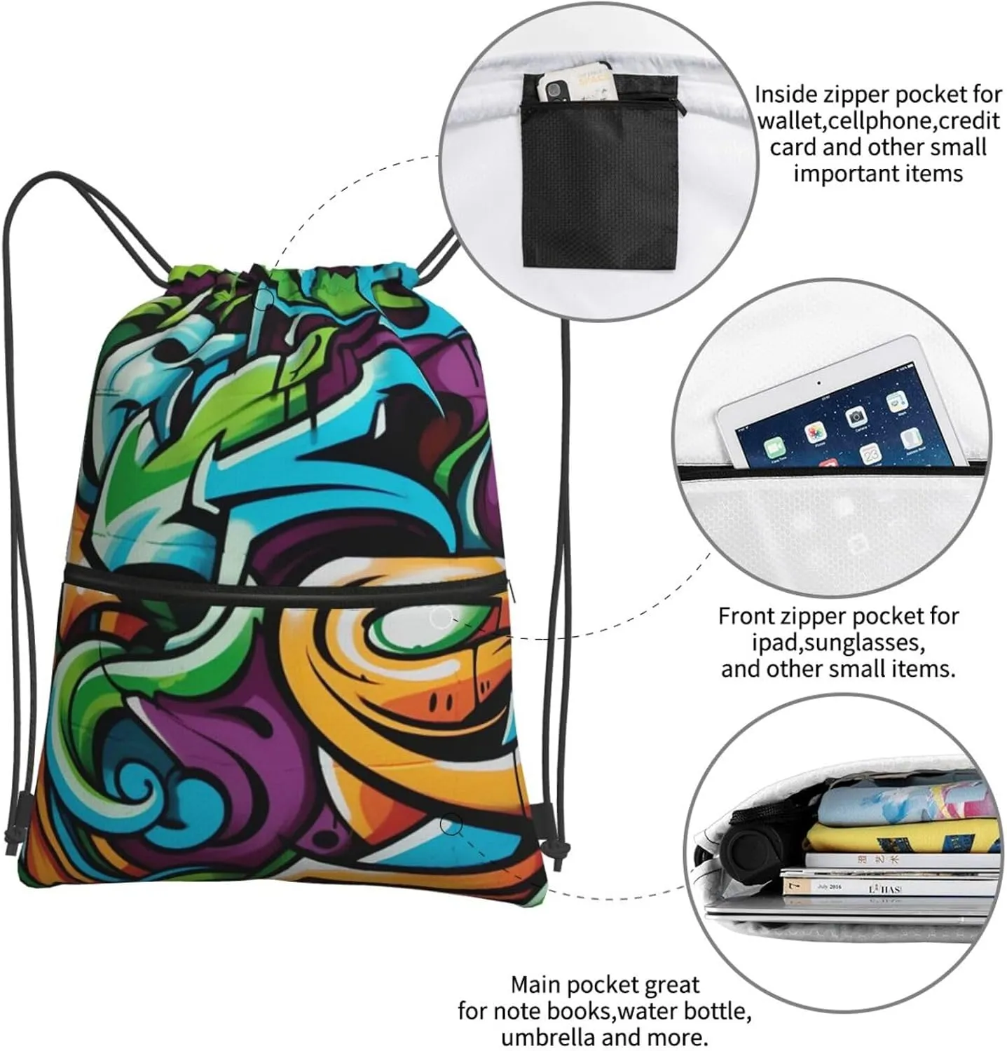 Drawstring Bag Gym Sack Drawstring Backpack Sport Gym Sack Cinch Bag Anime Owl Sport Bags for Travel, Graffiti Drawing Art, One Size