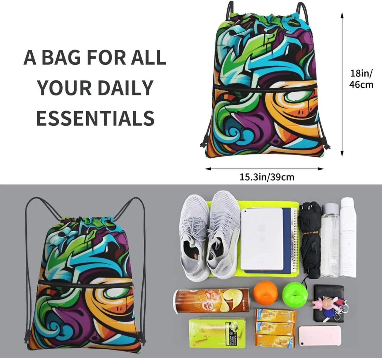 Drawstring Bag Gym Sack Drawstring Backpack Sport Gym Sack Cinch Bag Anime Owl Sport Bags for Travel, Graffiti Drawing Art, One Size