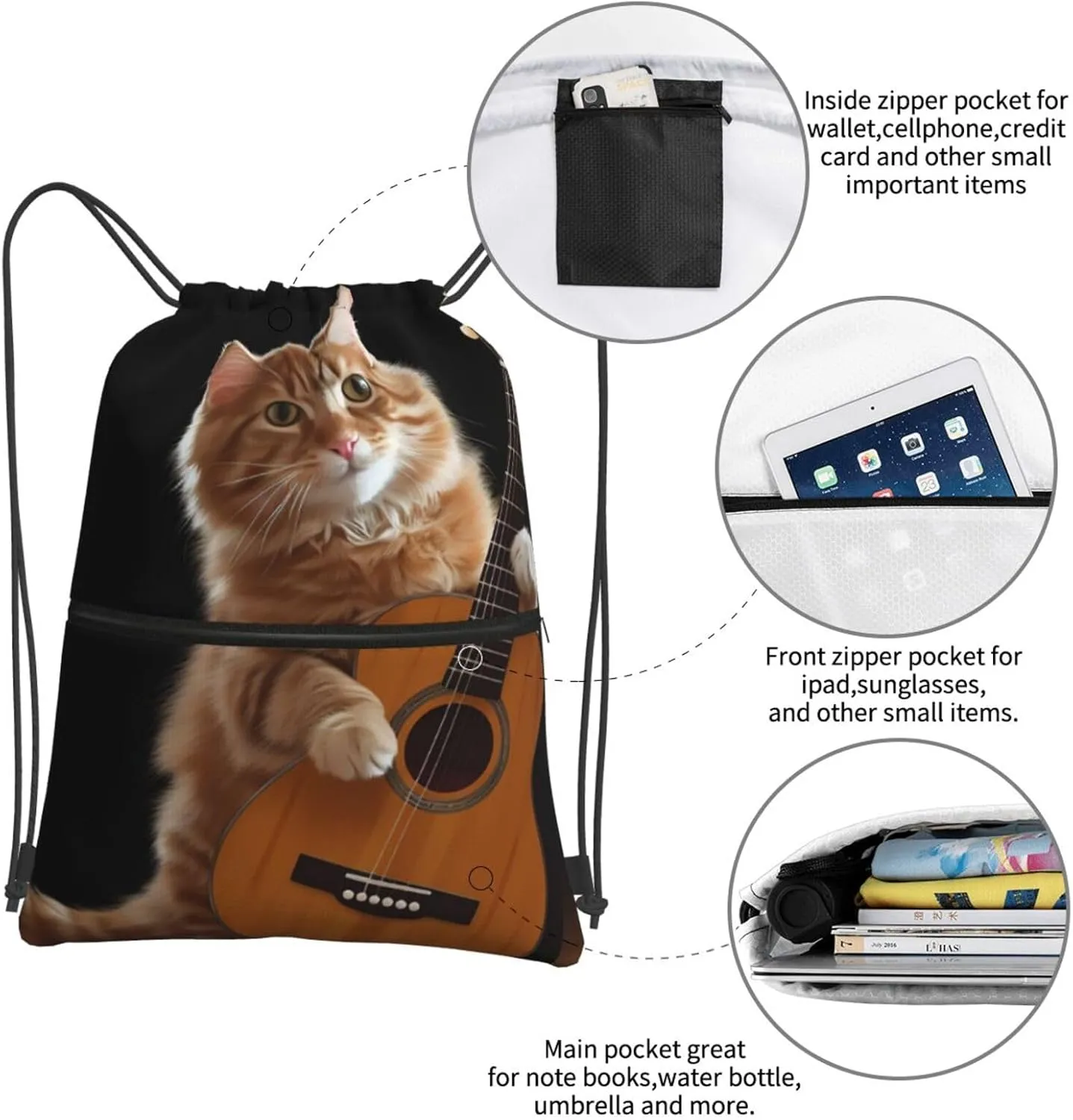 Drawstring Bag Gym Sack Drawstring Backpack Sport Gym Sack Cinch Bag Park at Sunset Sport Bags for Travel, Cat Playing the Guitar, One Size