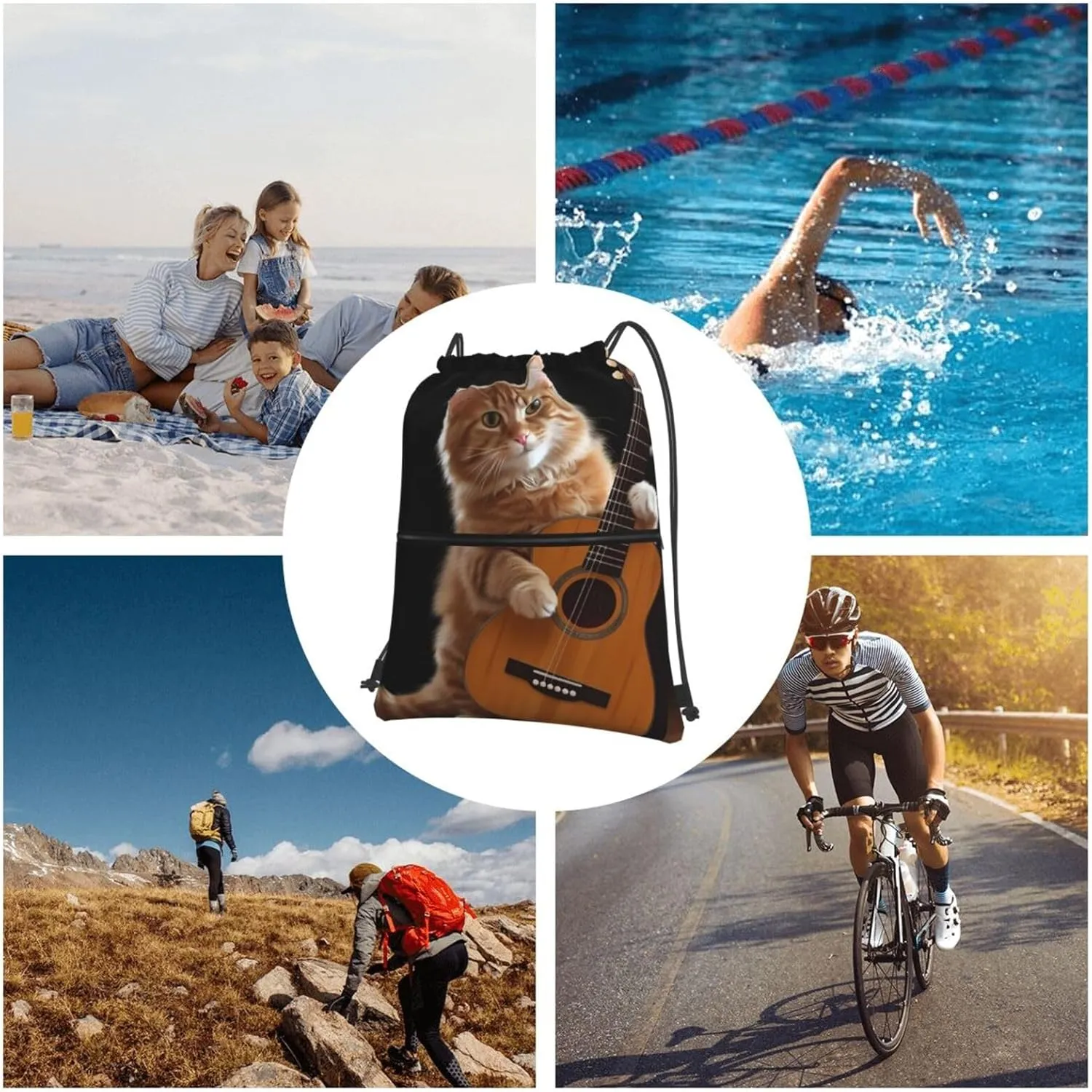 Drawstring Bag Gym Sack Drawstring Backpack Sport Gym Sack Cinch Bag Park at Sunset Sport Bags for Travel, Cat Playing the Guitar, One Size