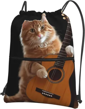 Drawstring Bag Gym Sack Drawstring Backpack Sport Gym Sack Cinch Bag Park at Sunset Sport Bags for Travel, Cat Playing the Guitar, One Size