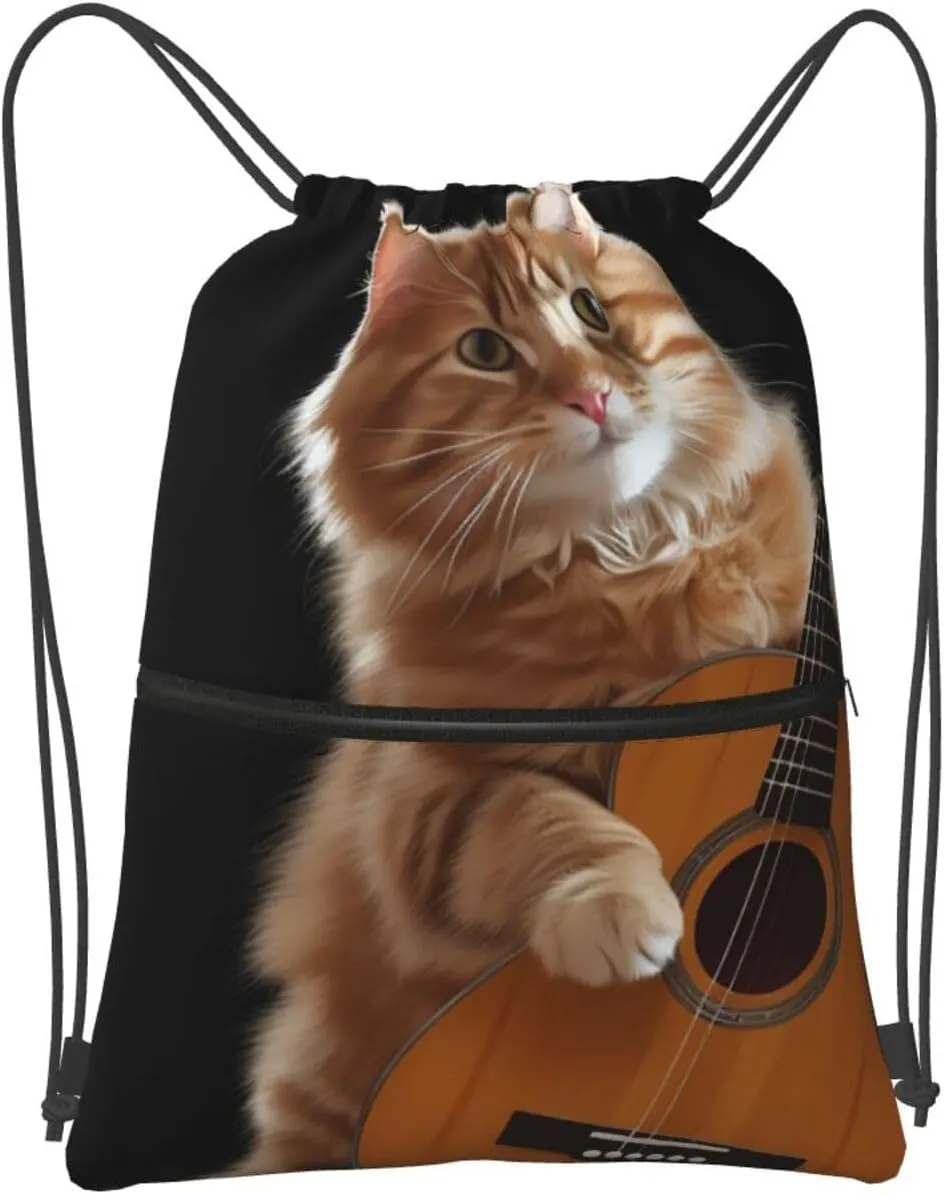 Drawstring Bag Gym Sack Drawstring Backpack Sport Gym Sack Cinch Bag Park at Sunset Sport Bags for Travel, Cat Playing the Guitar, One Size
