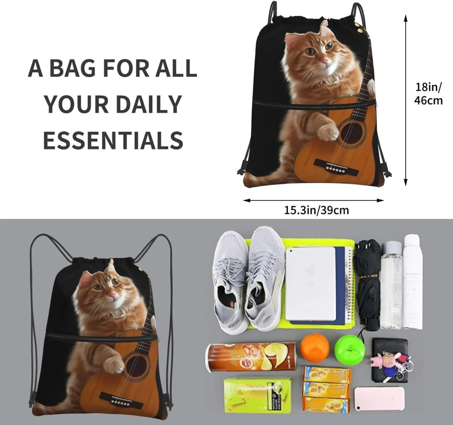 Drawstring Bag Gym Sack Drawstring Backpack Sport Gym Sack Cinch Bag Park at Sunset Sport Bags for Travel, Cat Playing the Guitar, One Size