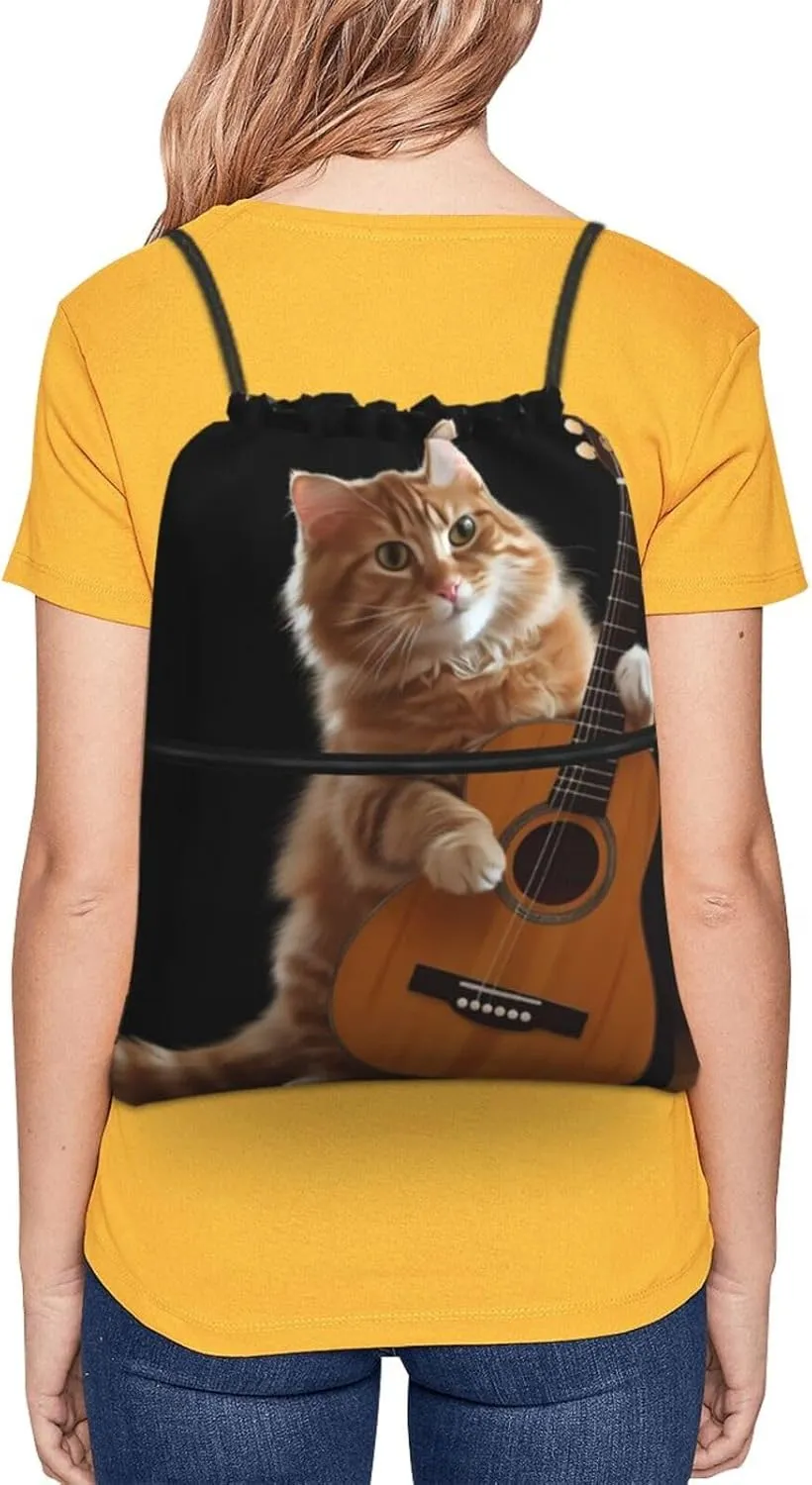 Drawstring Bag Gym Sack Drawstring Backpack Sport Gym Sack Cinch Bag Park at Sunset Sport Bags for Travel, Cat Playing the Guitar, One Size