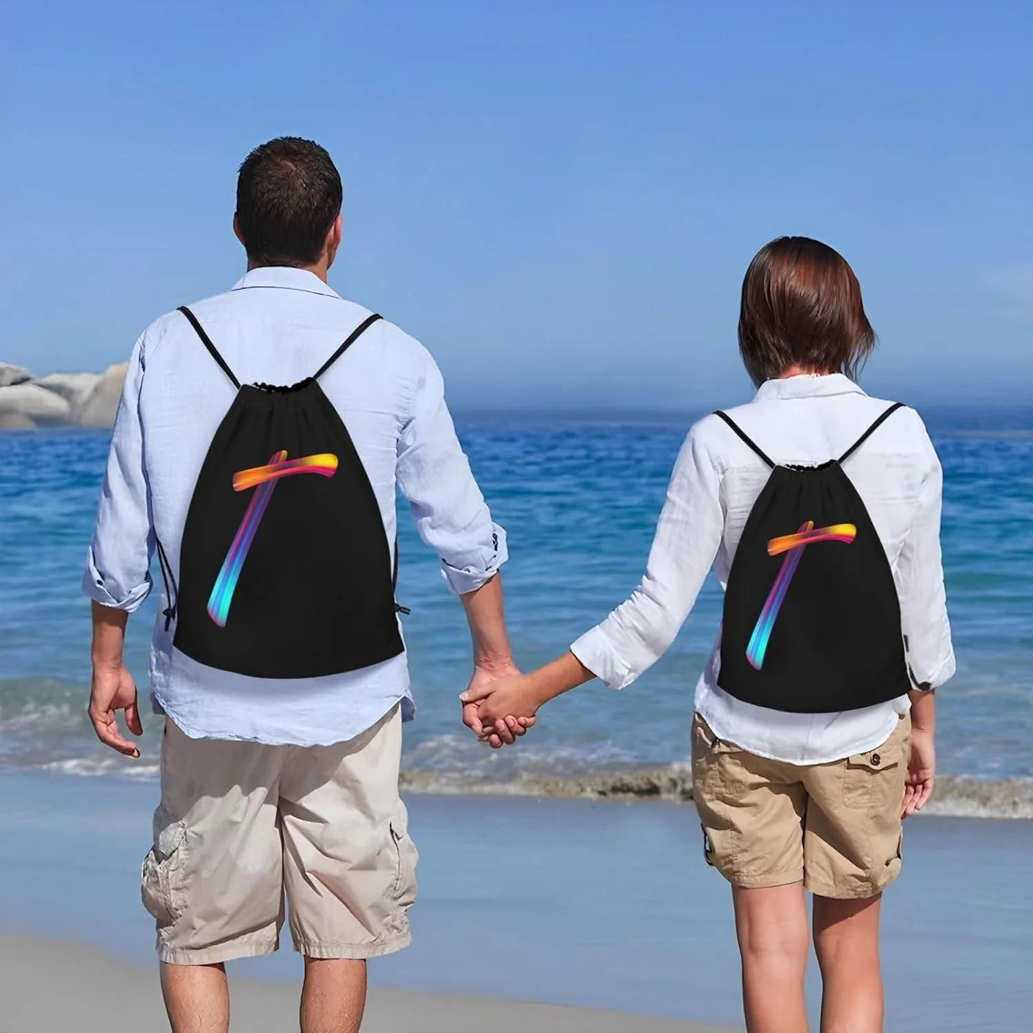 Drawstring Bags Initial Drawstring Backpack Sackpack Black Draw String Cinch Bags for Sports, Gym, Travel, Swimming, Beach, Camping, Rainbow Letter T