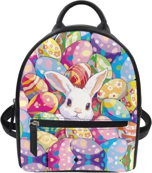 Easter Eggs Rabbit Small Backpack for Girls Kawaii Bookbag PU Leather Mini Backpack Purse for Women Travel Shoulder Bag Handbag Casual Rucksack