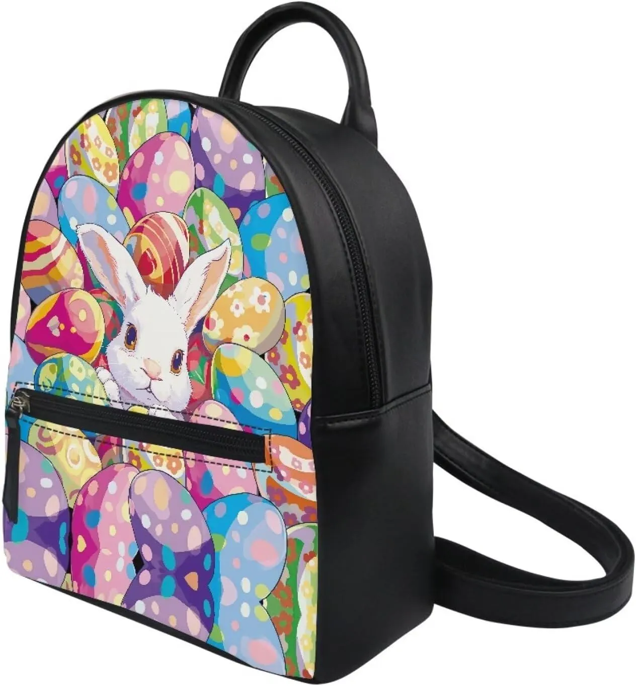 Easter Eggs Rabbit Small Backpack for Girls Kawaii Bookbag PU Leather Mini Backpack Purse for Women Travel Shoulder Bag Handbag Casual Rucksack
