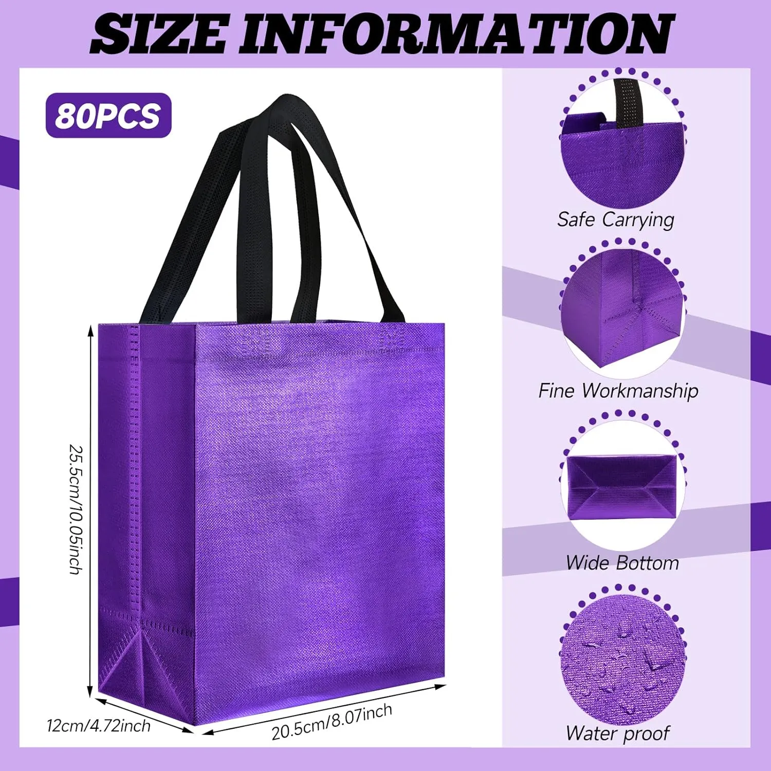 Eccliy 80 Pieces Gift Bags Set Glossy Reusable Tote with Handles Grocery Bags Bulk for Wedding, Bachelorette Party, Christmas(Medium,Purple with Black Handles)
