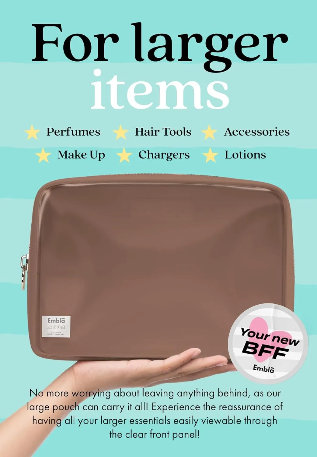 Embla Clear Cosmetic Bag Makeup Case, Clear Zipper Make Up Pouch and Toiletry Travel Tote, Cute Skincare Pouches for Women Girls, Preppy Purse Cosmetic Organizer, Large Makeup Bags, Mocha Mousse