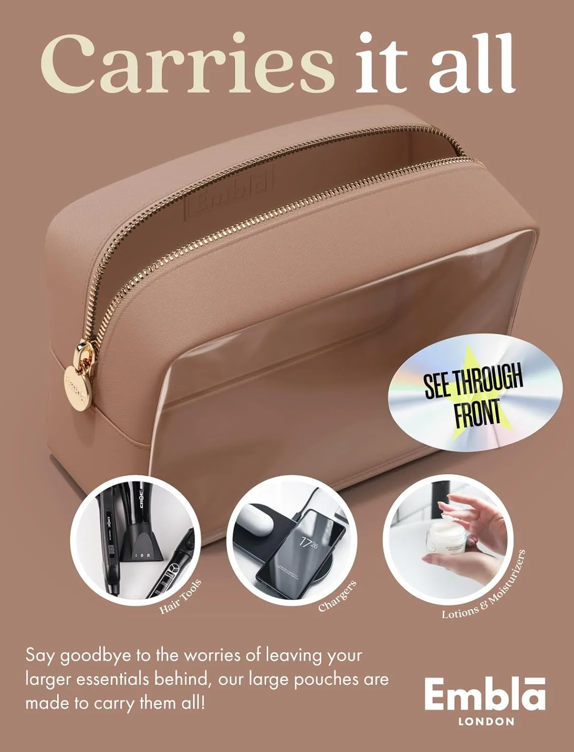 Embla Clear Cosmetic Bag Makeup Case, Clear Zipper Make Up Pouch and Toiletry Travel Tote, Cute Skincare Pouches for Women Girls, Preppy Purse Cosmetic Organizer, Large Makeup Bags, Mocha Mousse
