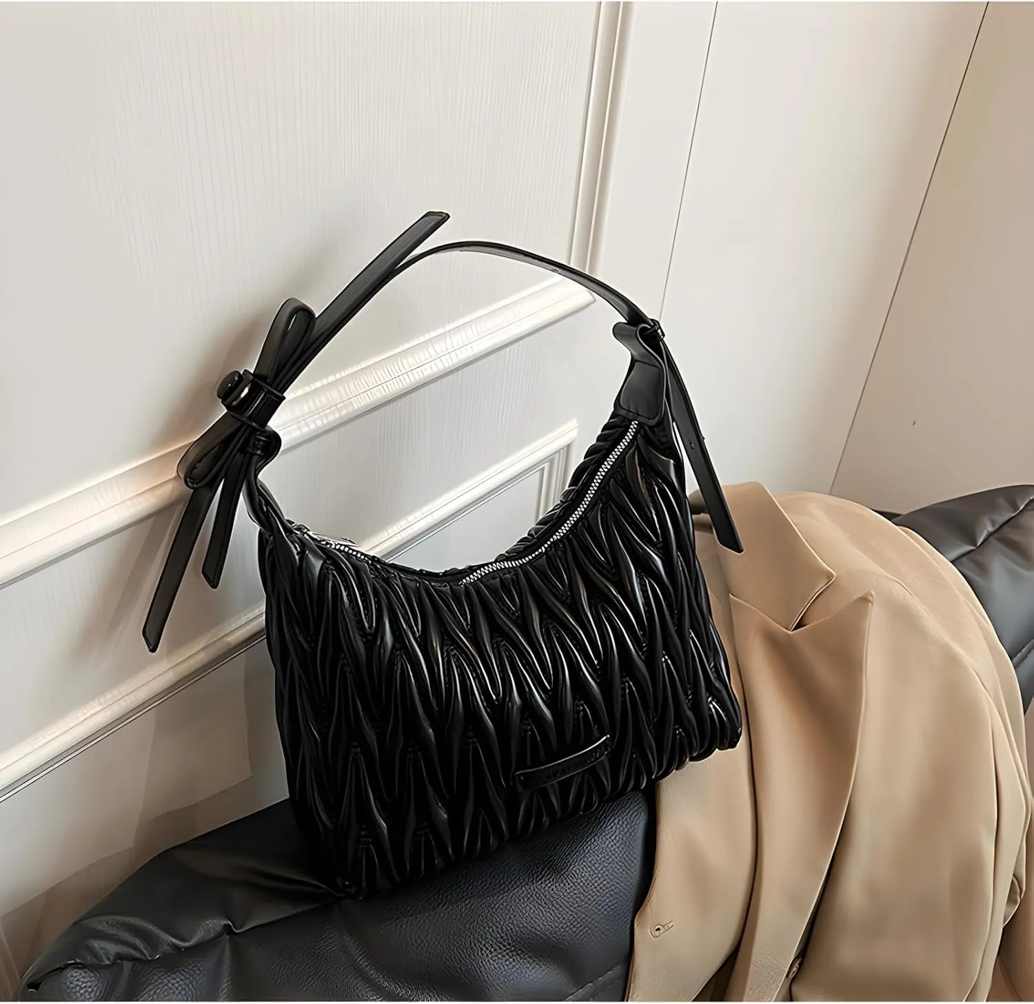 ENOPINK Crossbody Bags for Women Woven Ruched PU Leather Adjustable Strps Handbags Shoulder Hobo Bags Purses