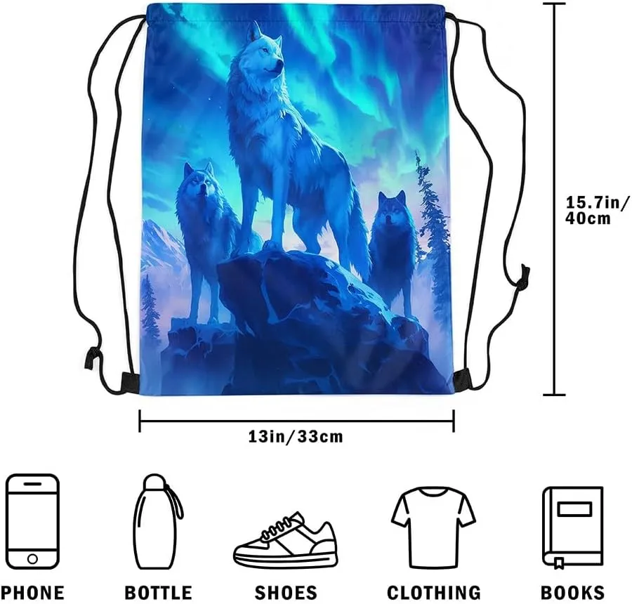 Erosebridal Gradient Aurora String Backpack,Wolf Wolves Drawstring Backpack,Wildlife Wild Animal Draw String Back Bag,Western Tribal Ethnic Drawstring Bags,13x15.7