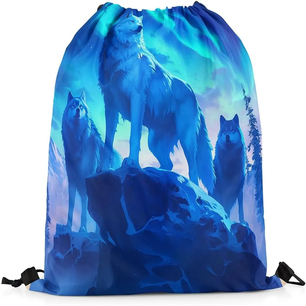 Erosebridal Gradient Aurora String Backpack,Wolf Wolves Drawstring Backpack,Wildlife Wild Animal Draw String Back Bag,Western Tribal Ethnic Drawstring Bags,13x15.7