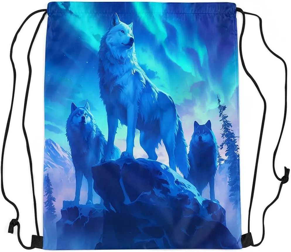 Erosebridal Gradient Aurora String Backpack,Wolf Wolves Drawstring Backpack,Wildlife Wild Animal Draw String Back Bag,Western Tribal Ethnic Drawstring Bags,13x15.7