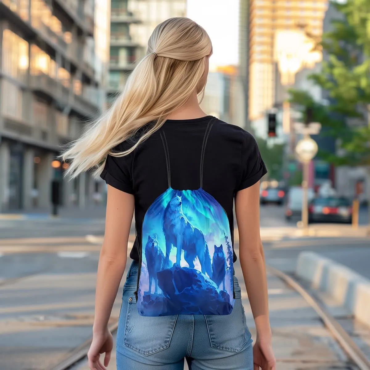 Erosebridal Gradient Aurora String Backpack,Wolf Wolves Drawstring Backpack,Wildlife Wild Animal Draw String Back Bag,Western Tribal Ethnic Drawstring Bags,13x15.7