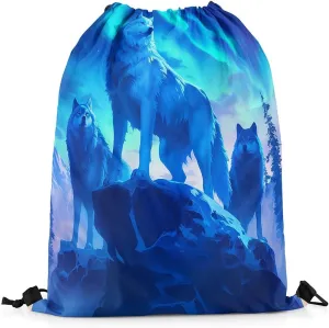 Erosebridal Gradient Aurora String Backpack,Wolf Wolves Drawstring Backpack,Wildlife Wild Animal Draw String Back Bag,Western Tribal Ethnic Drawstring Bags,13x15.7