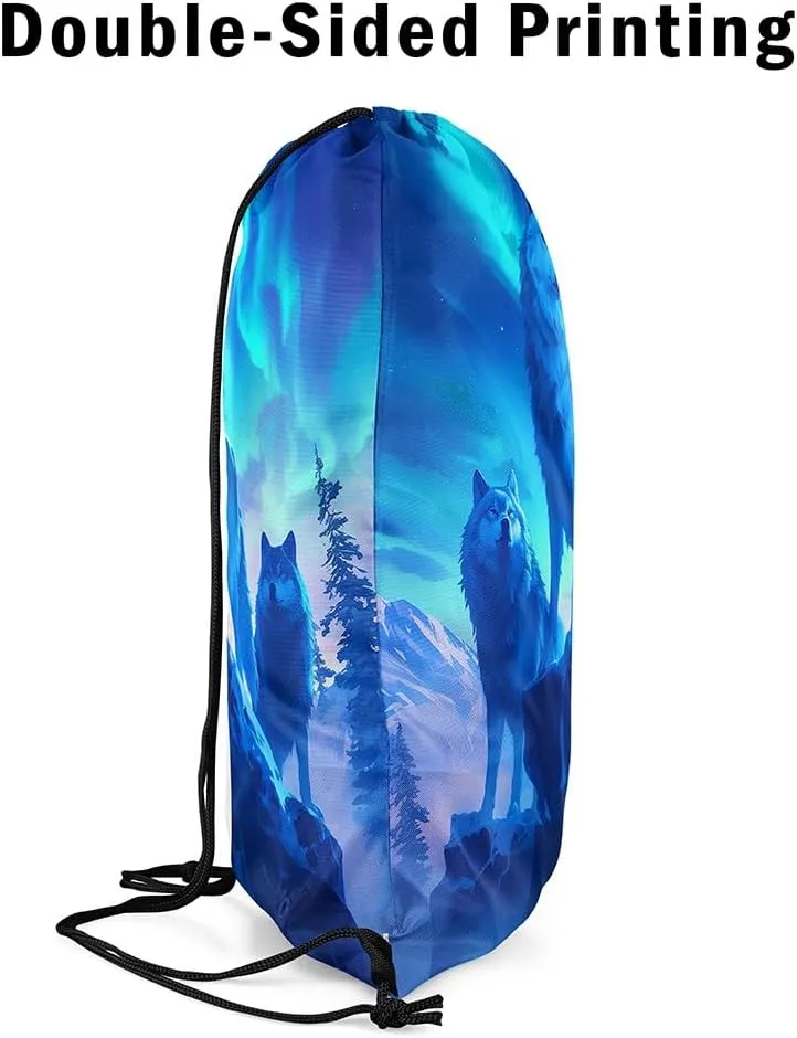 Erosebridal Gradient Aurora String Backpack,Wolf Wolves Drawstring Backpack,Wildlife Wild Animal Draw String Back Bag,Western Tribal Ethnic Drawstring Bags,13x15.7