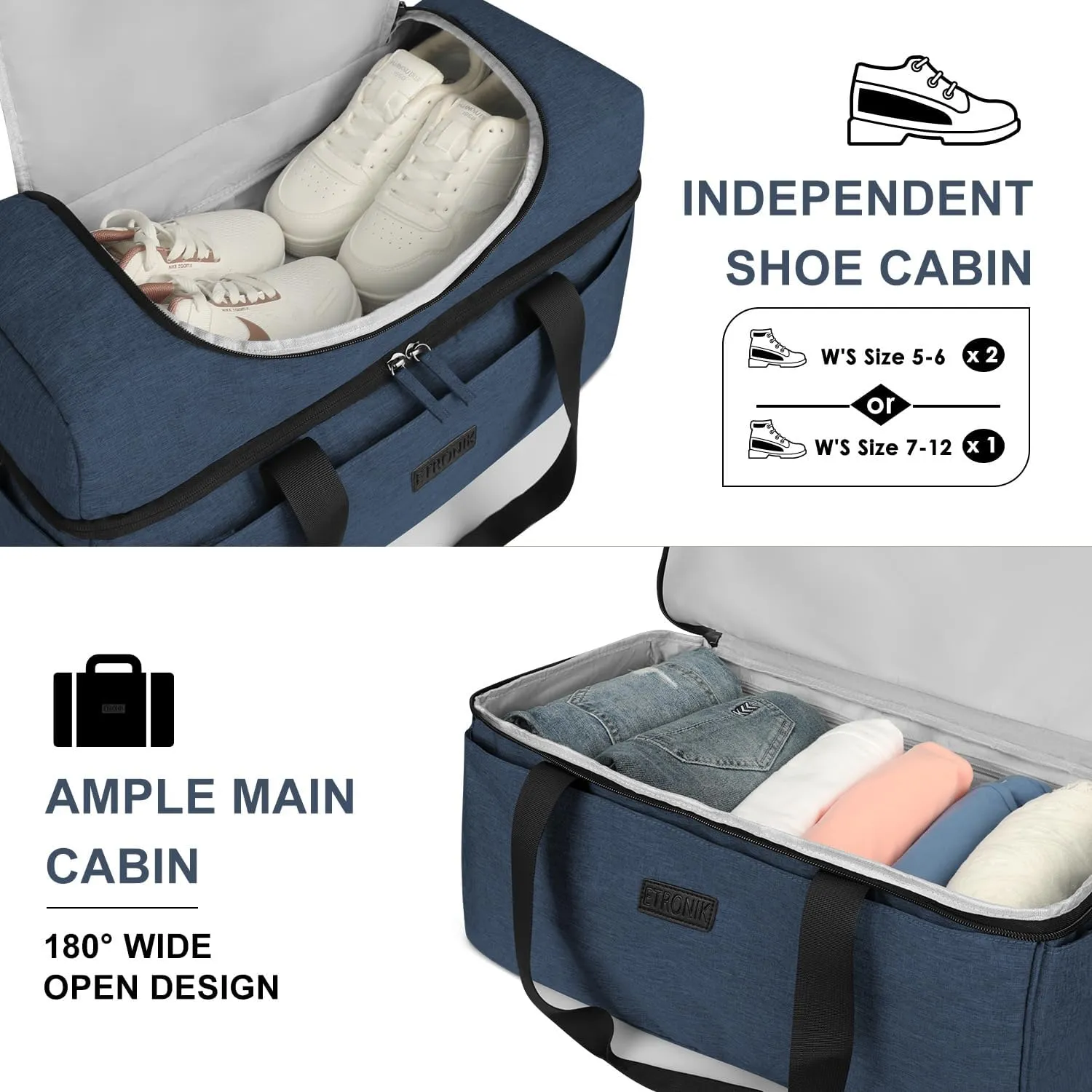 ETRONIK Travel Duffle with Shoe Compartment, Carry On Weekender Overnight Gym Bag, Blue