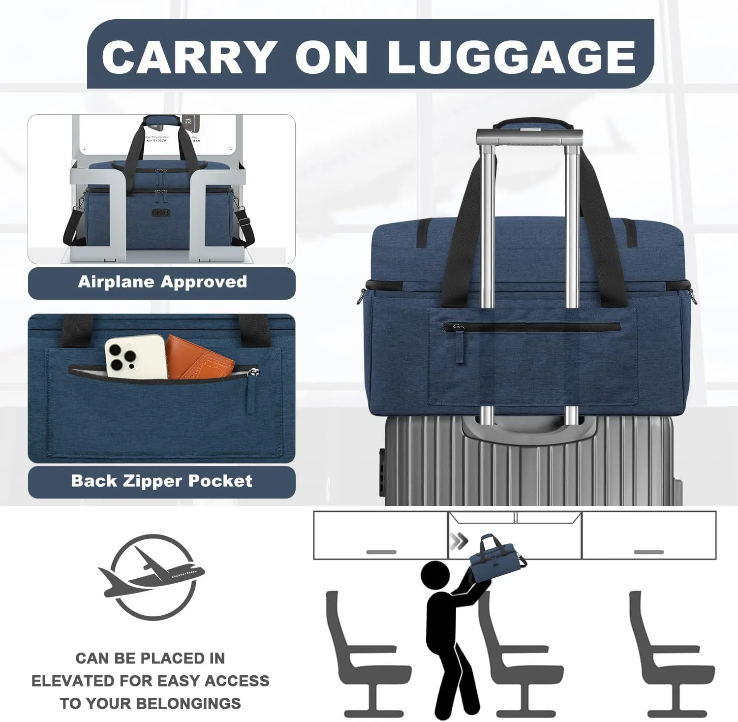 ETRONIK Travel Duffle with Shoe Compartment, Carry On Weekender Overnight Gym Bag, Blue