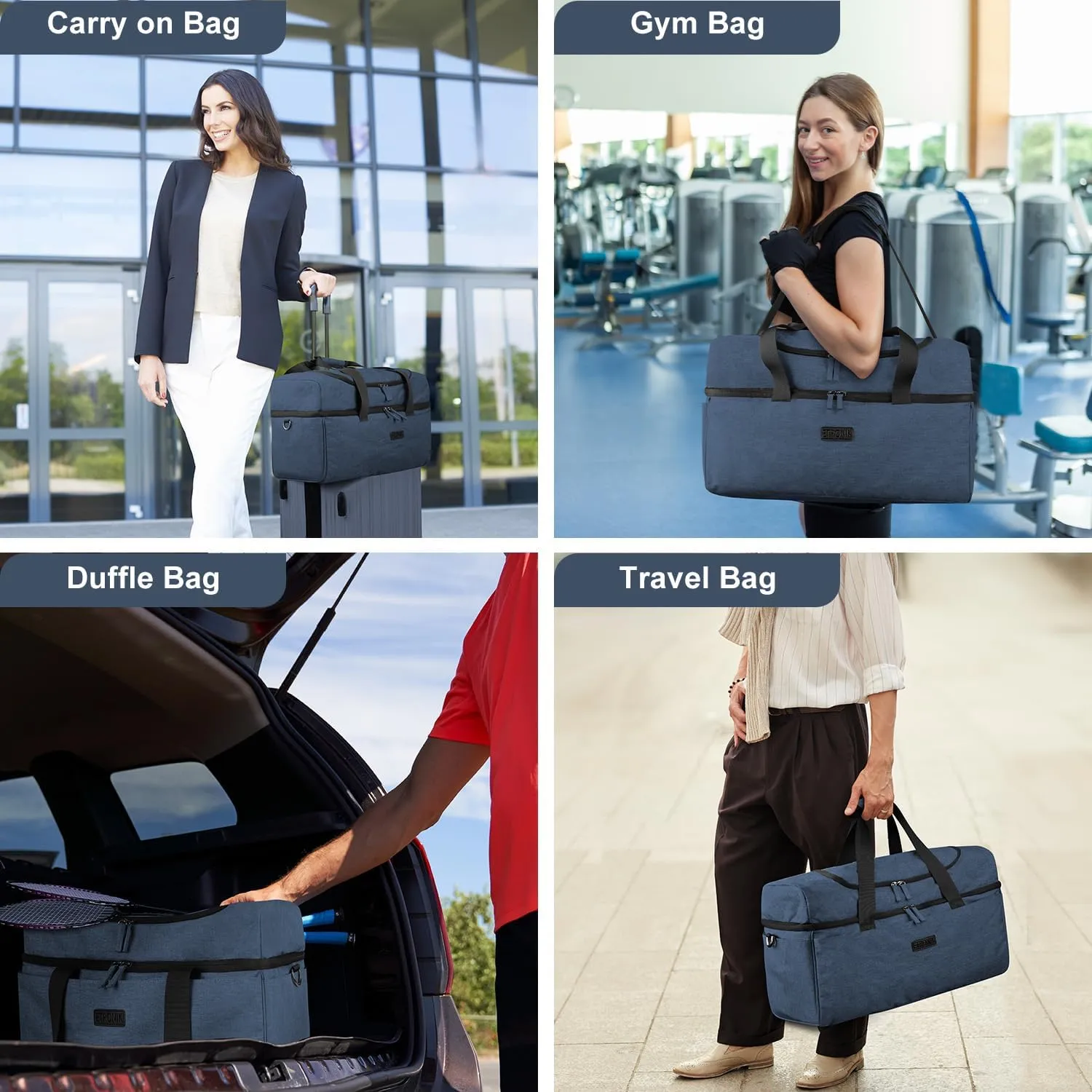 ETRONIK Travel Duffle with Shoe Compartment, Carry On Weekender Overnight Gym Bag, Blue