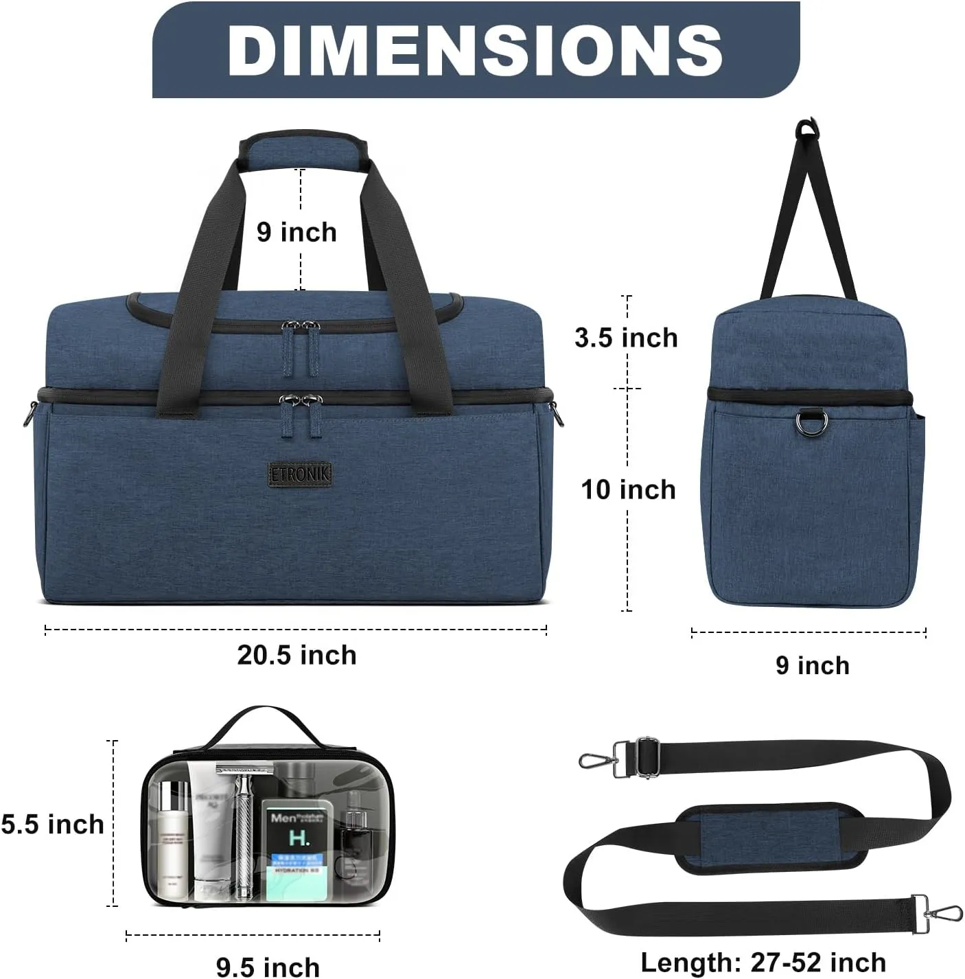 ETRONIK Travel Duffle with Shoe Compartment, Carry On Weekender Overnight Gym Bag, Blue