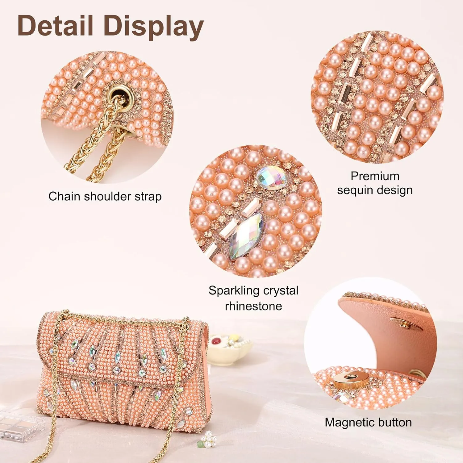 Evening Bags Clutch Purses for Women Formal, Beaded Purses Crystal Rhinestone Crossbody Handbag with Chain Shoulder Bag Sparkly for Wedding Guest Party Pink