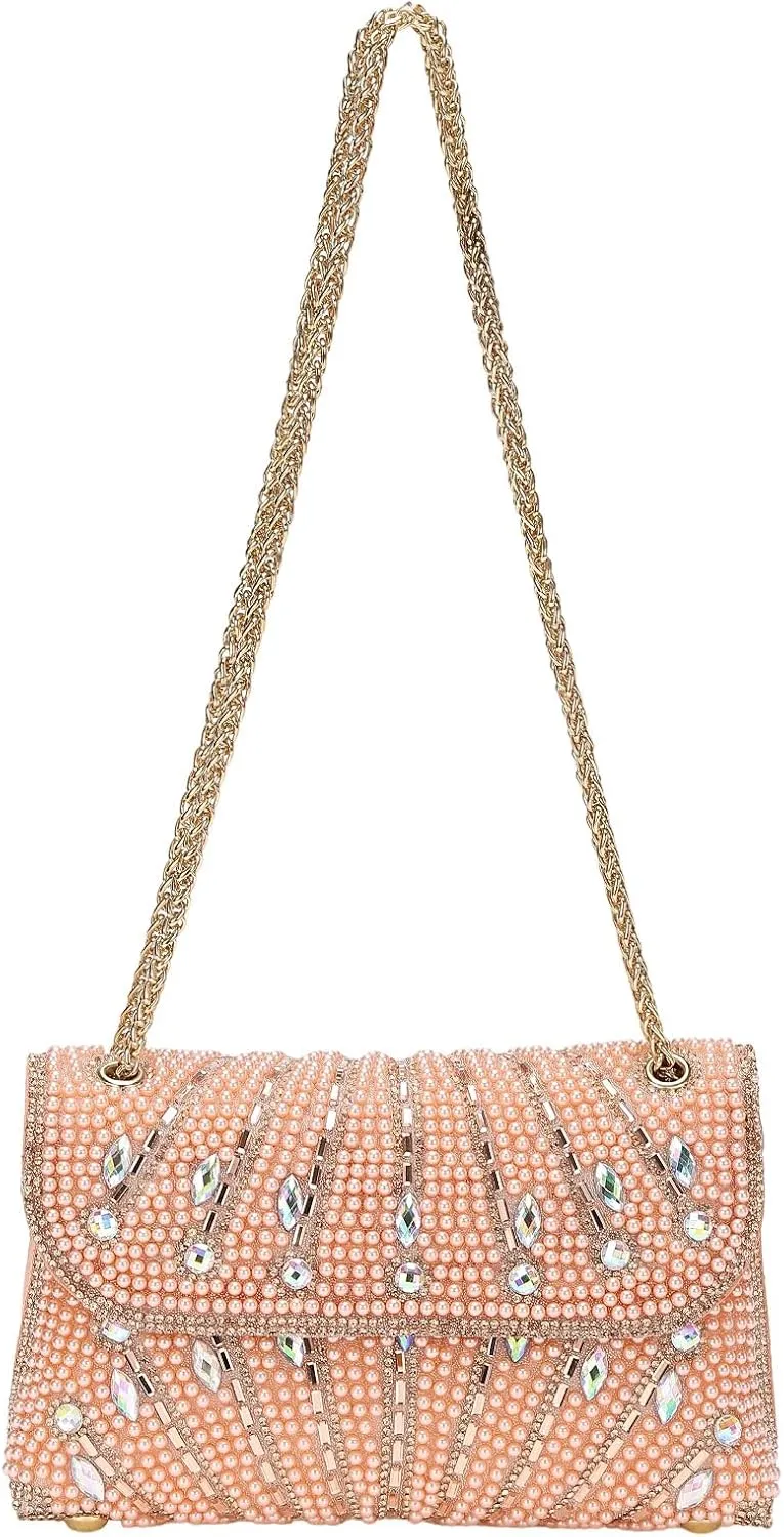 Evening Bags Clutch Purses for Women Formal, Beaded Purses Crystal Rhinestone Crossbody Handbag with Chain Shoulder Bag Sparkly for Wedding Guest Party Pink