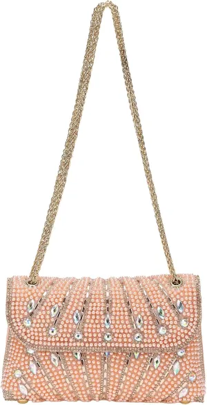 Evening Bags Clutch Purses for Women Formal, Beaded Purses Crystal Rhinestone Crossbody Handbag with Chain Shoulder Bag Sparkly for Wedding Guest Party Pink