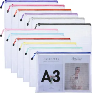 Extra Large Mesh Zipper Pouch Bags Puzzle Storage Bags A3 17x12 Inches Reusable Zipper Pouches Waterproof 12 Colors File Bags for Office Supplies Puzzles Board Game Storage and Organization