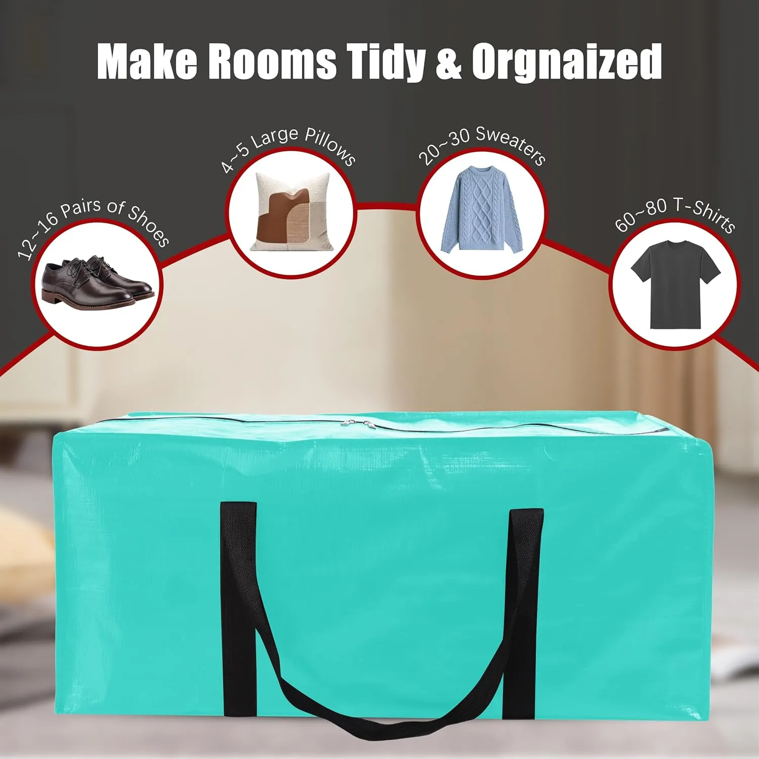 Extra Large Moving Bags with Zippers & Carrying Handles, Heavy-Duty Storage Tote for Space Saving Moving Storage, Fold Flat, Alternative to Box and Bin - 8 Pack, 40 Gal, Aquamarine