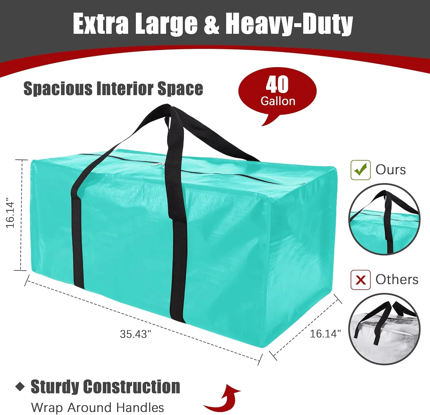 Extra Large Moving Bags with Zippers & Carrying Handles, Heavy-Duty Storage Tote for Space Saving Moving Storage, Fold Flat, Alternative to Box and Bin - 8 Pack, 40 Gal, Aquamarine