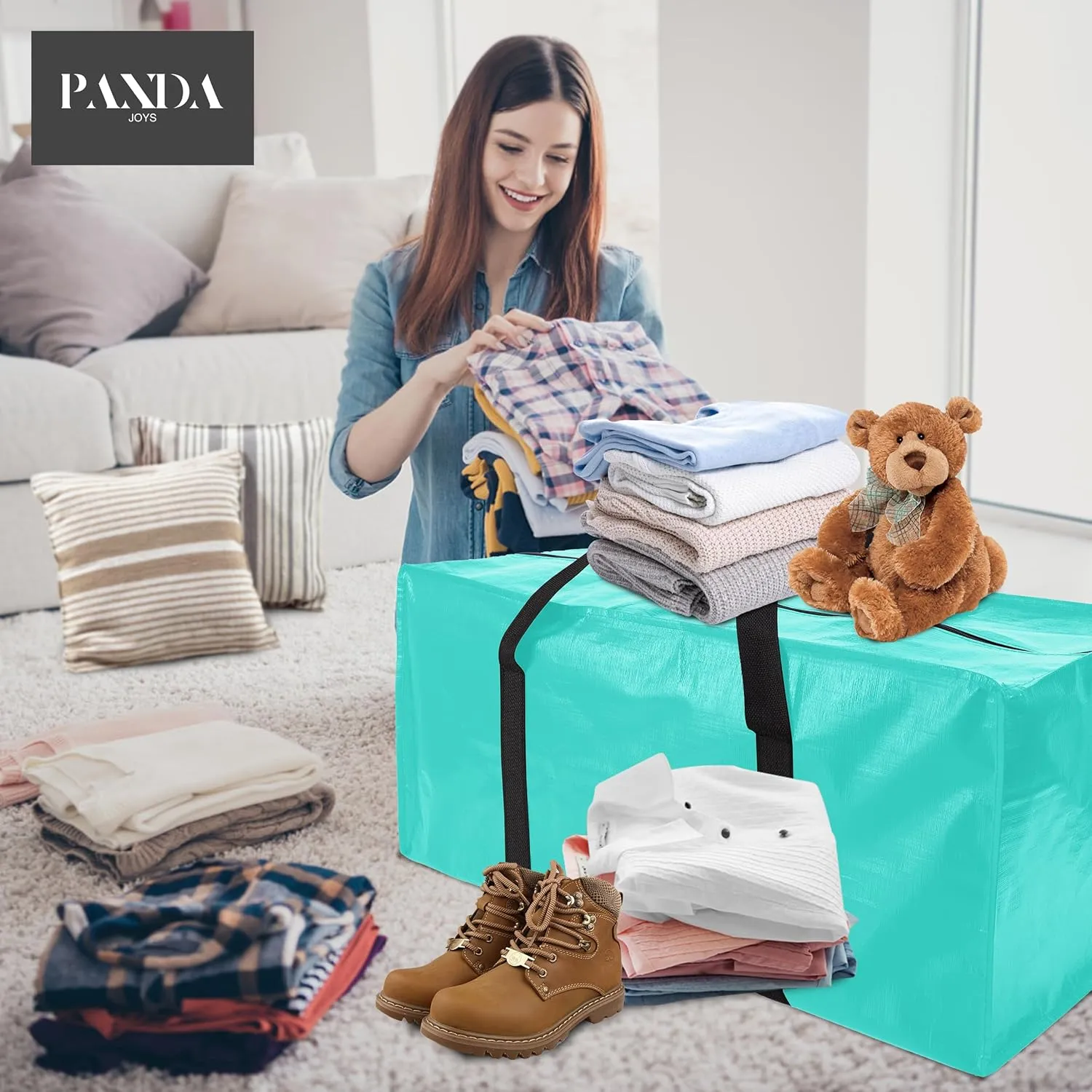 Extra Large Moving Bags with Zippers & Carrying Handles, Heavy-Duty Storage Tote for Space Saving Moving Storage, Fold Flat, Alternative to Box and Bin - 8 Pack, 40 Gal, Aquamarine