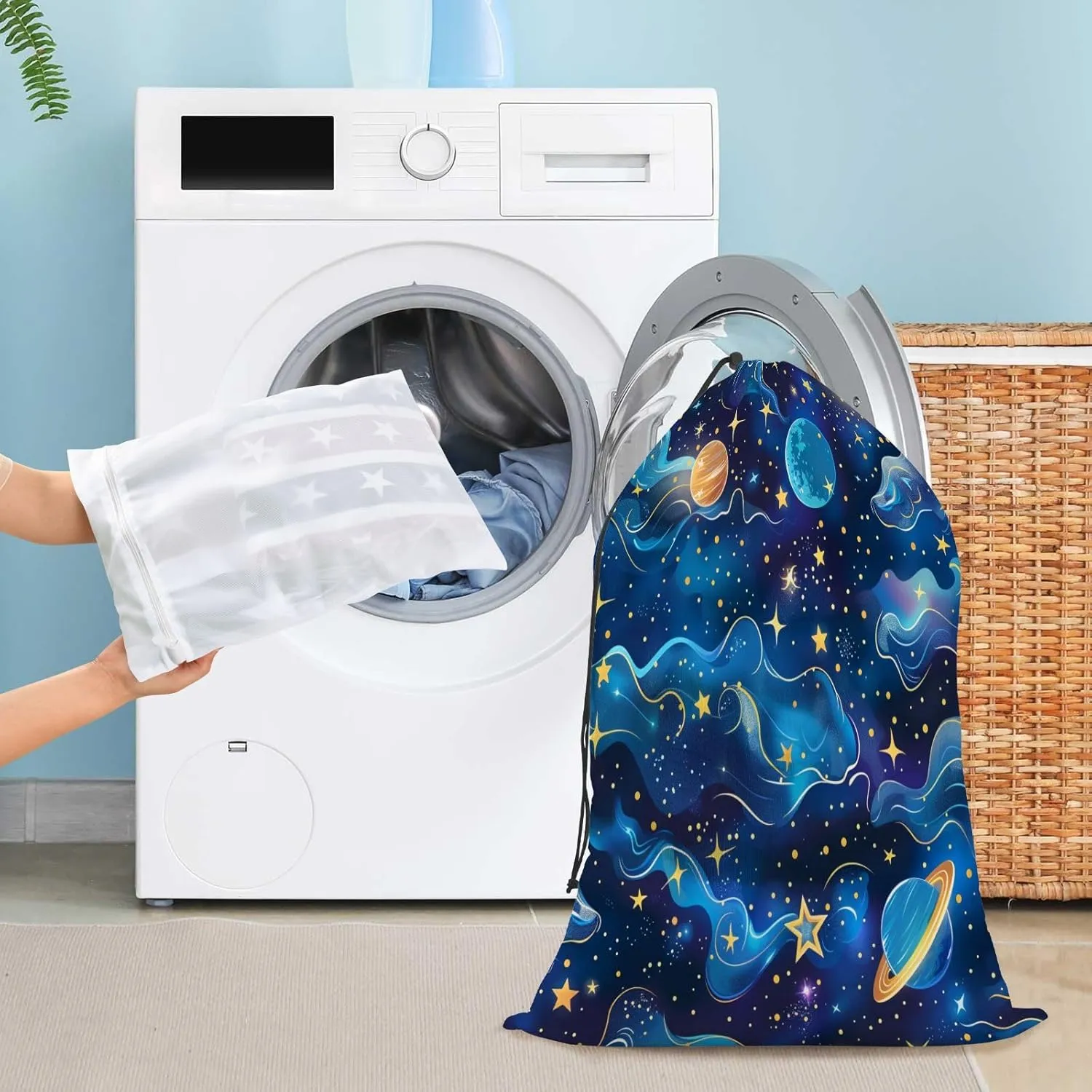 Extra Large Travel Laundry Bag And Mesh Laundry Bag, Rip-Stop Dirty Clothes Bag with Drawstring, Duty Travel Laundry Bag, Large Laundry Hamper Liner (24" x 36") Universe Starry Sky Rocket (58)