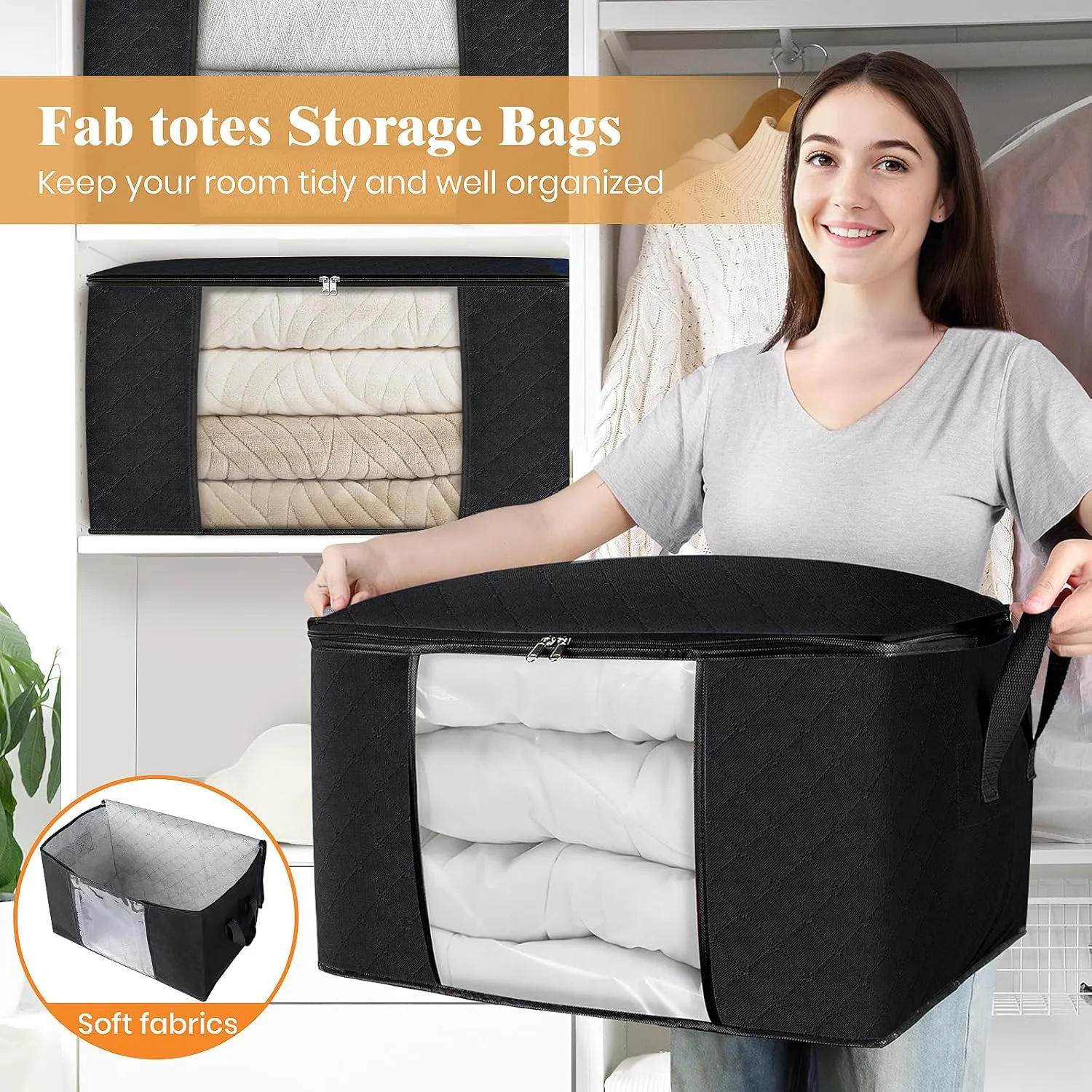 Fab totes 6 Pack Clothes Storage, Foldable Thick Fabric Blanket Storage Bags, Containers for Organizing Bedroom, Closet, Clothing, Comforter,Closet Organization with Handle,Black