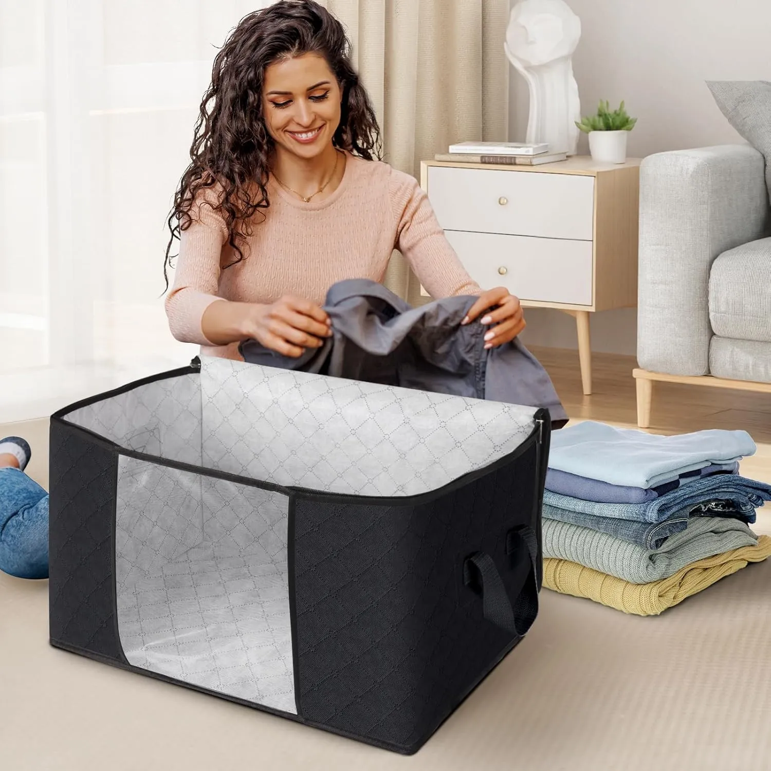 Fab totes 6 Pack Clothes Storage, Foldable Thick Fabric Blanket Storage Bags, Containers for Organizing Bedroom, Closet, Clothing, Comforter,Closet Organization with Handle,Black