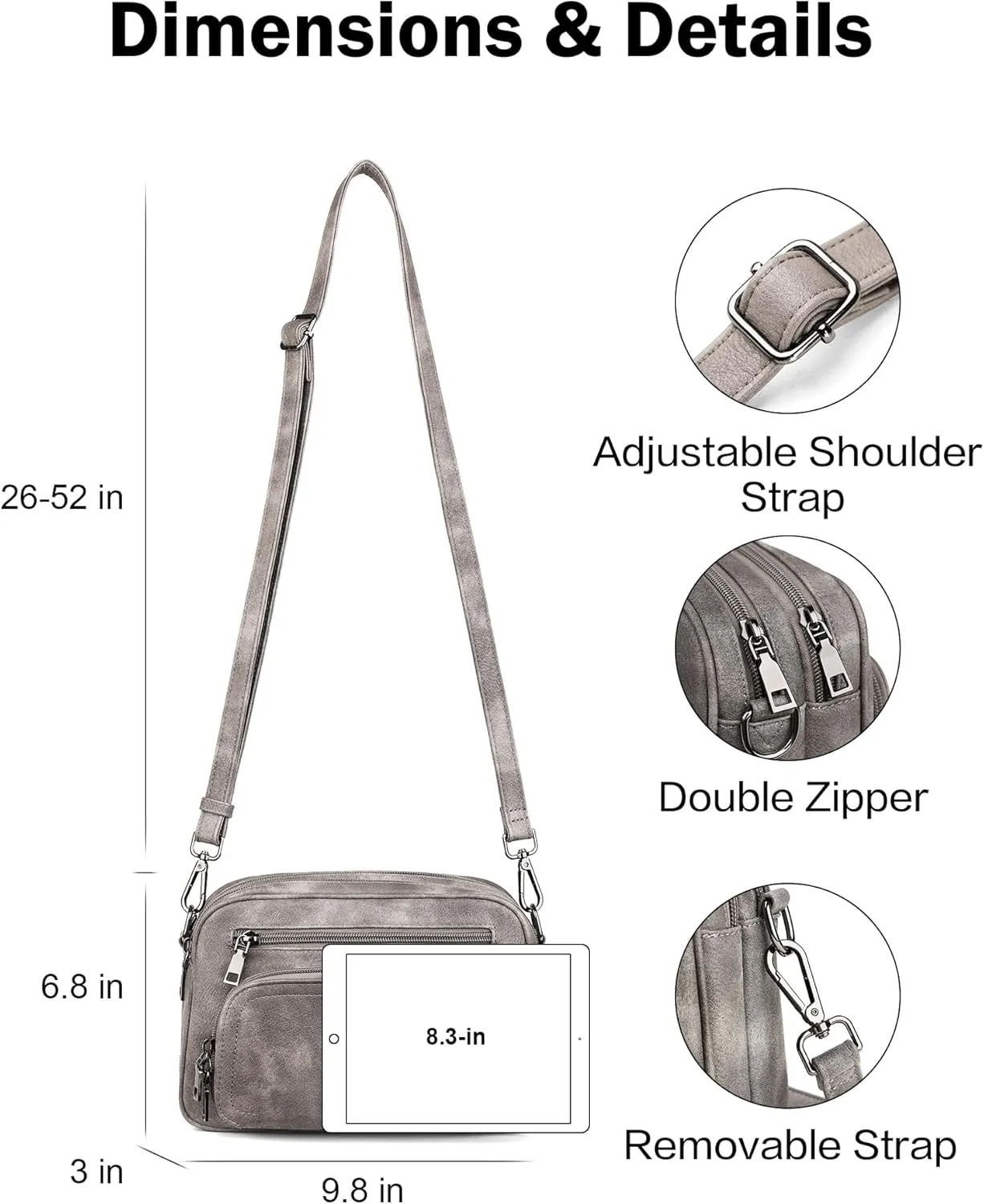 FADEON Crossbody Bags for Women Multi-pocket Leather Crossbody Purses, Designer Shoulder Bag Adjustable Removable Strap