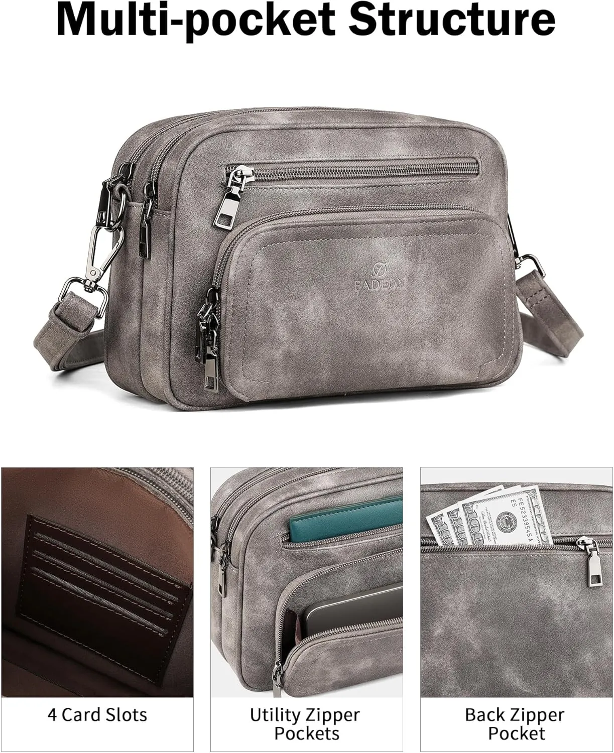 FADEON Crossbody Bags for Women Multi-pocket Leather Crossbody Purses, Designer Shoulder Bag Adjustable Removable Strap
