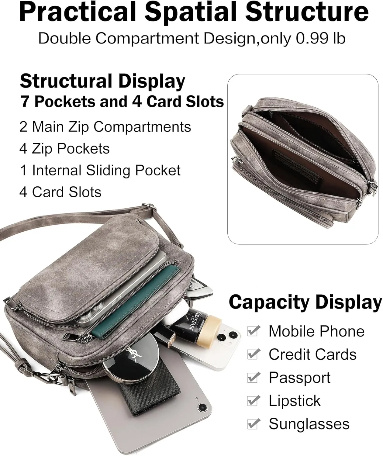 FADEON Crossbody Bags for Women Multi-pocket Leather Crossbody Purses, Designer Shoulder Bag Adjustable Removable Strap