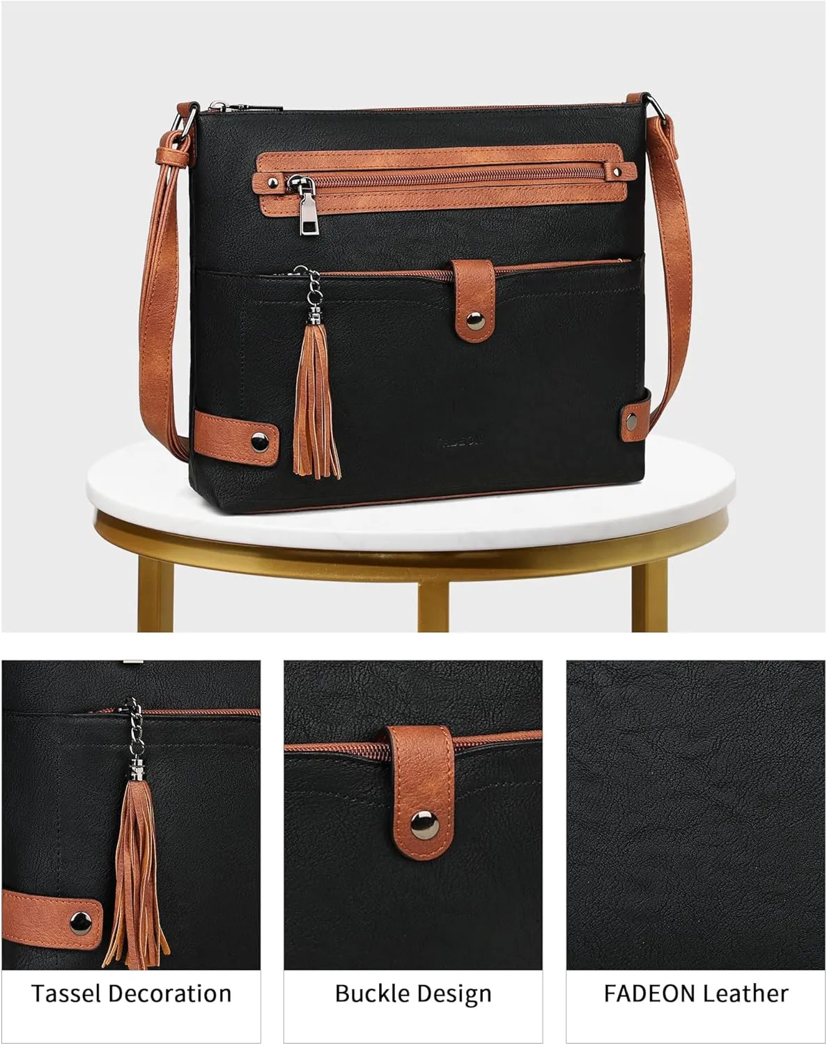 FADEON Large Crossbody Purses for Women Crossbody Bag, Designer Leather Cross Body Purses Multi Pocket Shoulder Bag